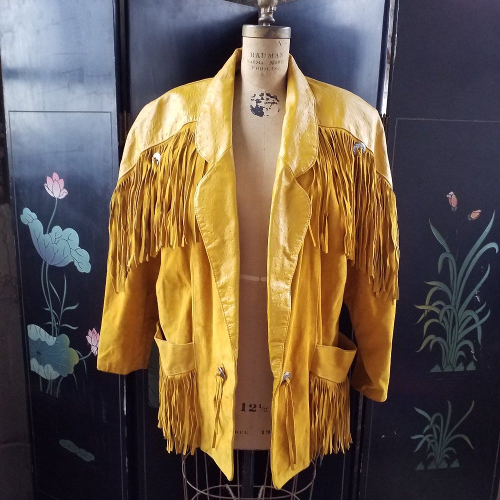 VINTAGE 1980s Mustard Yellow Leather Suede Fringe Oversized Jacket, Size Large